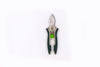 Green and stainless steel pruner on white background