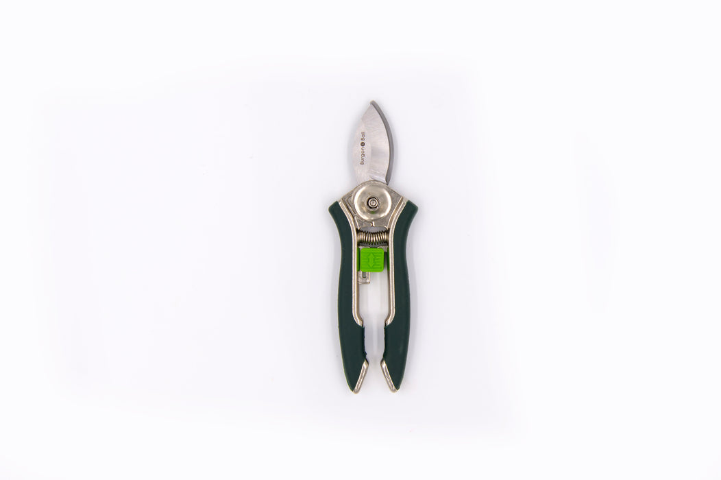 Green and stainless steel pruner on white background