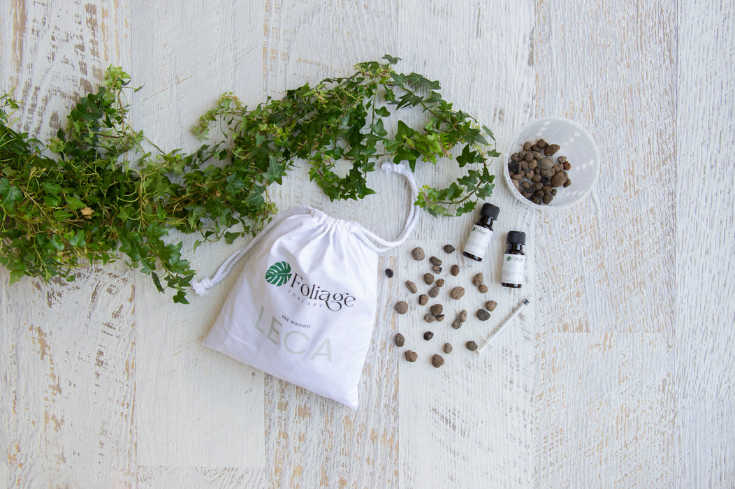 Dark clay balls in clear plastic plant pot, two 15mls nutrient bottles, syringe, Foliage Therapy calico bag placed around vining plant