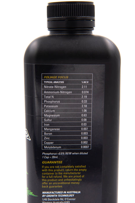 Foliage Focus in black plastic bottle chemical analysis