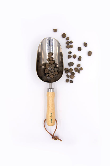 Stainless steel compost scoopwith clay balls